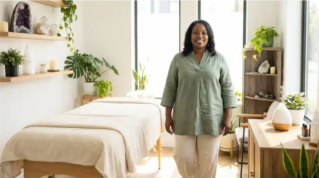 Energy healer standing confidently in serene wellness practice treatment room with natural light and healing elements