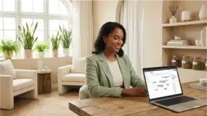 Confident wellness practitioner reviewing organized marketing strategy dashboard in bright peaceful office Confident wellness practitioner reviewing organized marketing strategy dashboard in bright peaceful office