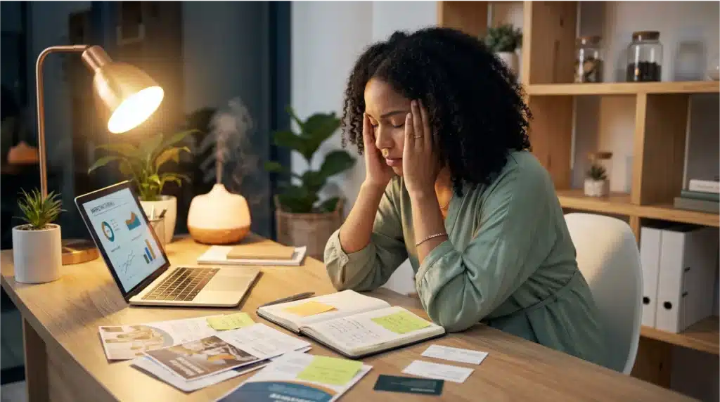 Wellness practitioner overwhelmed by DIY marketing tasks working late at desk with laptop and scattered marketing materials