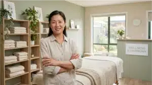 Asian wellness practitioner standing confidently in professional wellness treatment room with organized natural decor and calming atmosphere. Asian wellness practitioner standing confidently in professional wellness treatment room with organized natural decor and calming atmosphere.