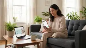 Middle Eastern woman smiling while booking wellness appointment on smartphone at home with laptop showing wellness practitioner website. Middle Eastern woman smiling while booking wellness appointment on smartphone at home with laptop showing wellness practitioner website.