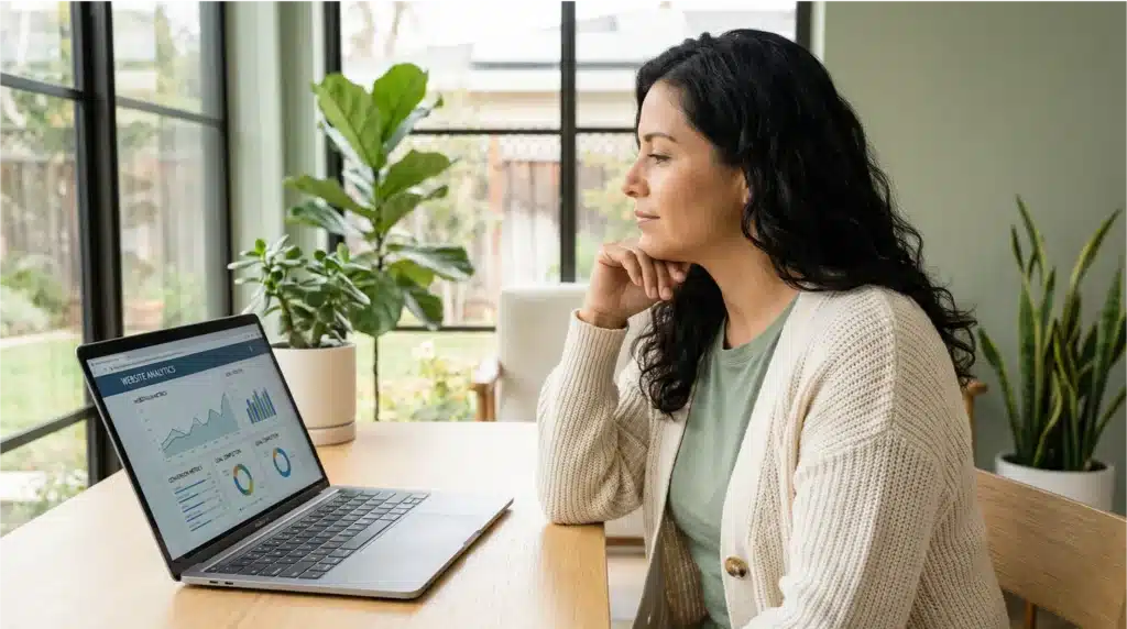 Hispanic wellness practitioner analyzing website conversion metrics and analytics on laptop in bright modern wellness office with plants