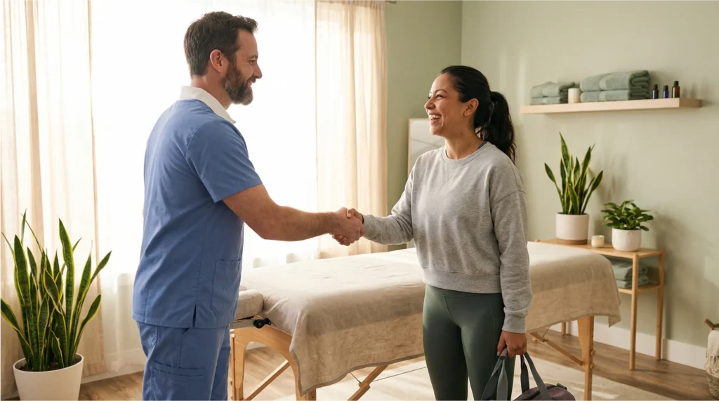 Physical therapist warmly welcoming a returning client in a wellness clinic as part of a client reactivation campaign