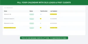 Real database reactivation campaign results showing 599 contacts, 50 responses, 69 link clicks, and 31 appointments booked in 2 days Real database reactivation campaign results showing 599 contacts, 50 responses, 69 link clicks, and 31 appointments booked in 2 days