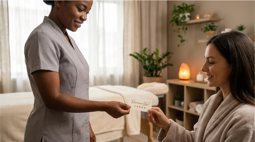 Massage therapist handing a QR code review request card to a satisfied client in a wellness clinic