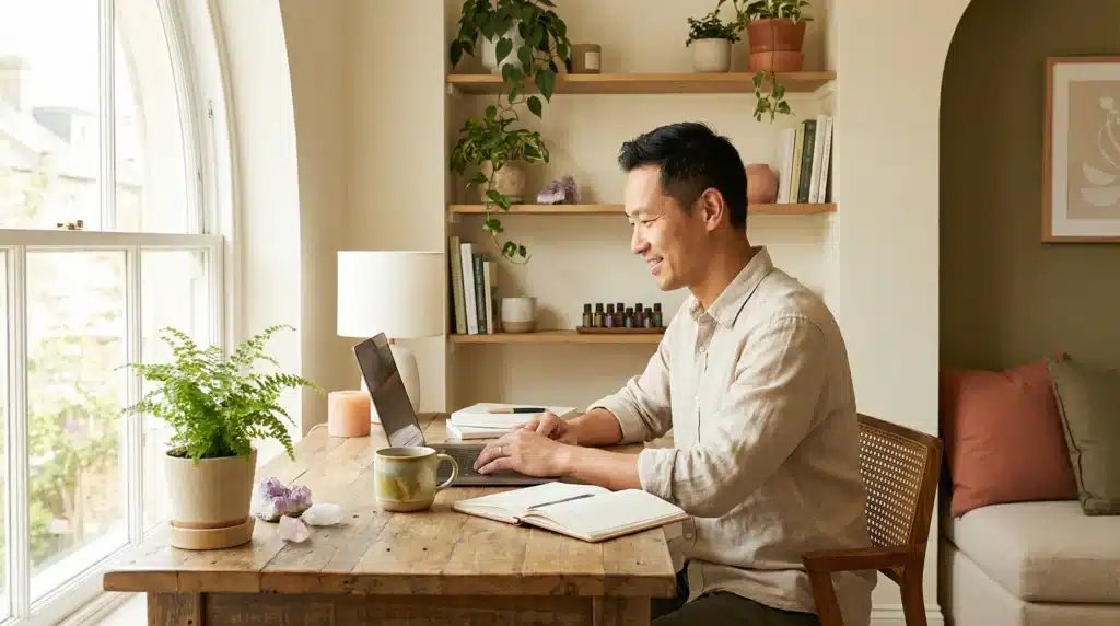 Holistic practitioner working calmly at a wooden desk with plants, crystals, and herbal tea — representing intentional anti-hustle marketing