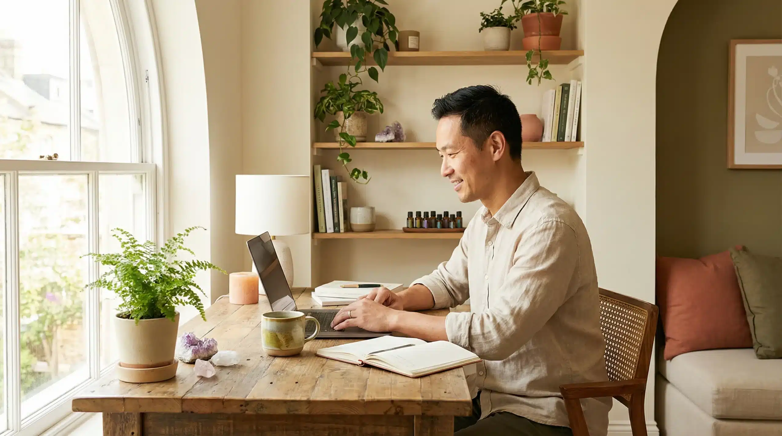 Holistic practitioner working calmly at a wooden desk with plants, crystals, and herbal tea — representing intentional anti-hustle marketing