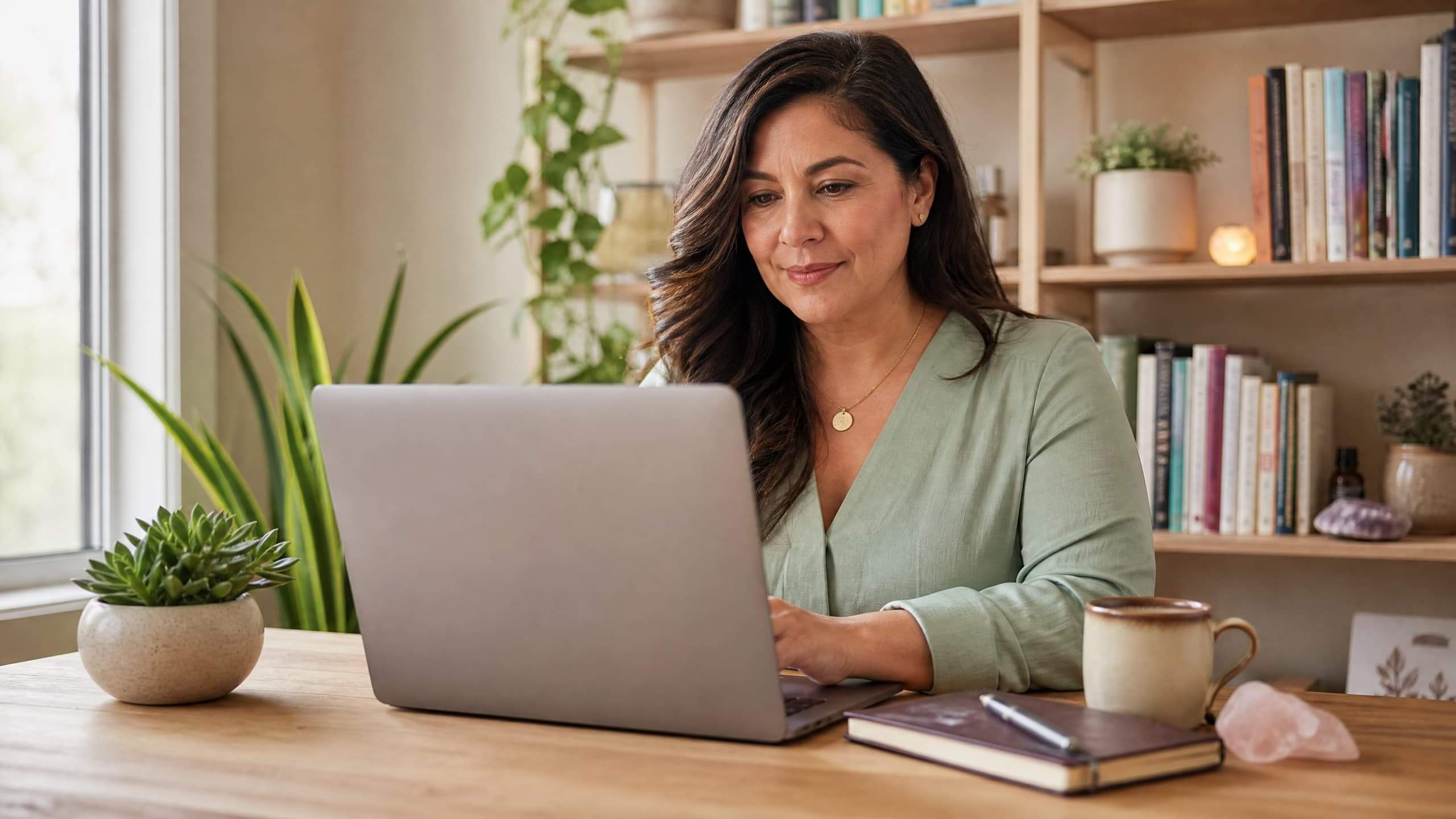 Holistic wellness practitioner working calmly at a laptop in a natural, plant-filled office — representing FAQ page SEO for wellness practices
