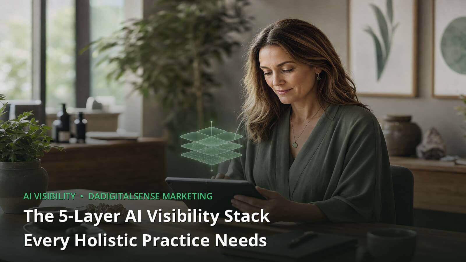 A wellness practitioner reviews a tablet at a wooden desk with a glowing layered stack icon overlaid, next to the headline The 5-Layer AI Visibility Stack Every Holistic Practice Needs