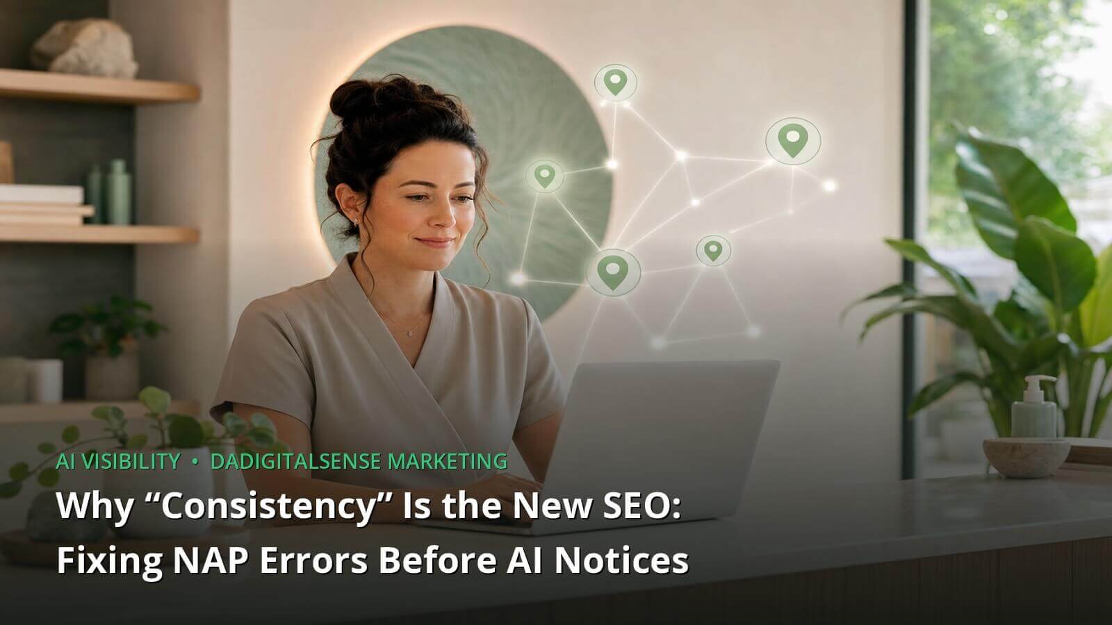A wellness practice owner reviews business listings on a laptop at a reception desk, with a glowing network of connected location-pin icons overlaid, next to the headline Why Consistency Is the New SEO