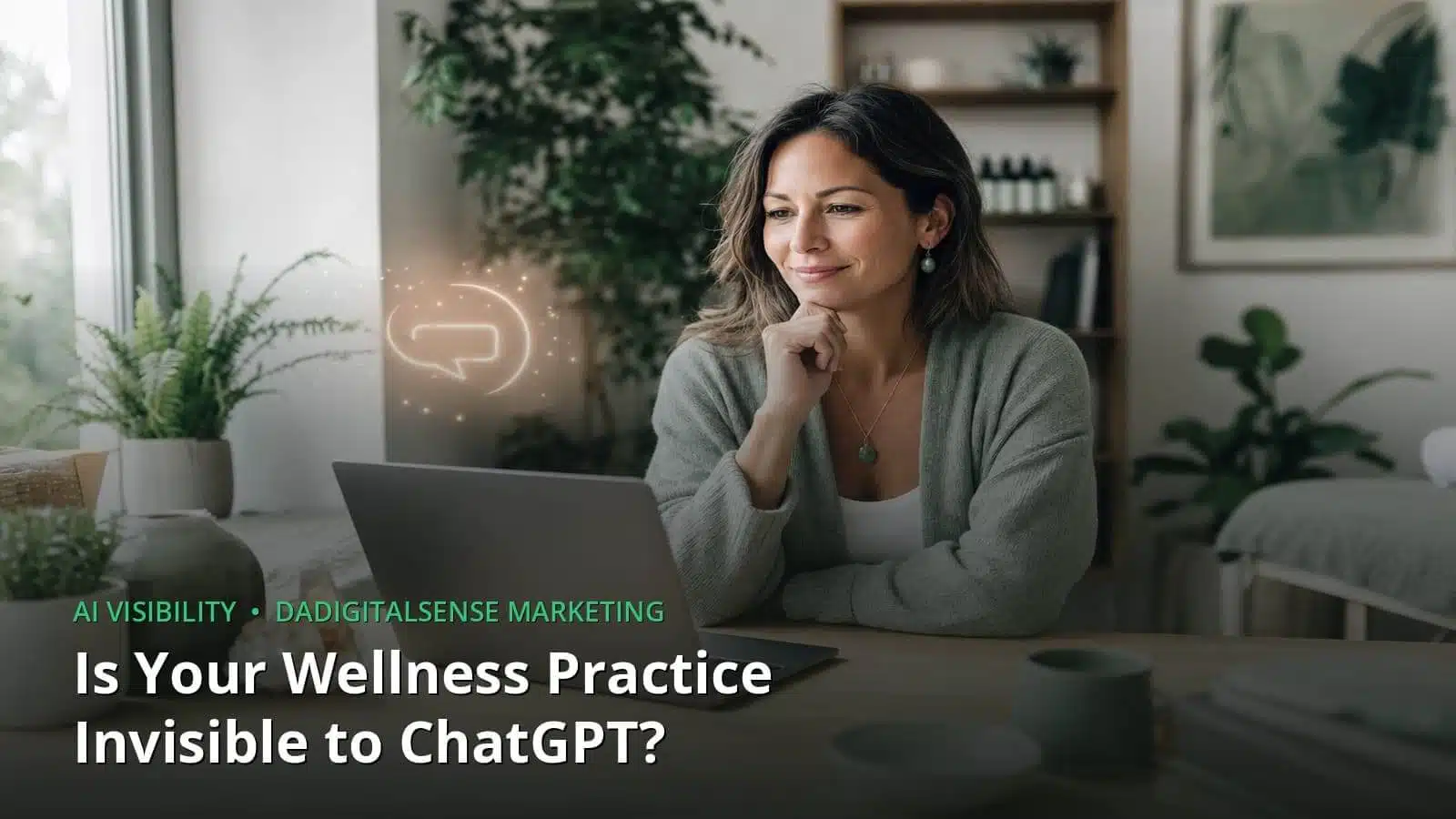 A wellness practitioner sits at a laptop with a glowing chat-bubble icon overlaid, next to the headline Is Your Wellness Practice Invisible to ChatGPT