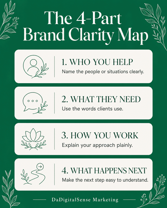 part brand clarity map holistic practice Infographic showing the four-part brand clarity map: who you help, what they need, how you work, and what happens next