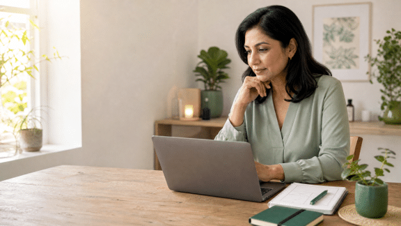 Holistic practitioner reviewing her practice website on a laptop in a calm, plant-filled clinic office