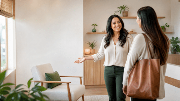 Holistic practitioner welcoming an adult client into a bright, calm wellness clinic reception area