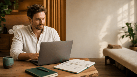 Massage therapist calmly planning client communication on a laptop in a warm wellness clinic office