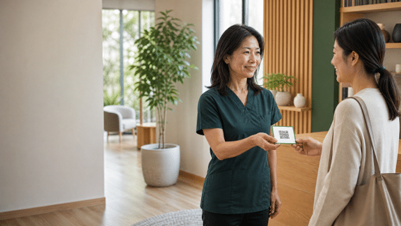 Physical therapist giving a QR code review request card to a satisfied client in a wellness clinic